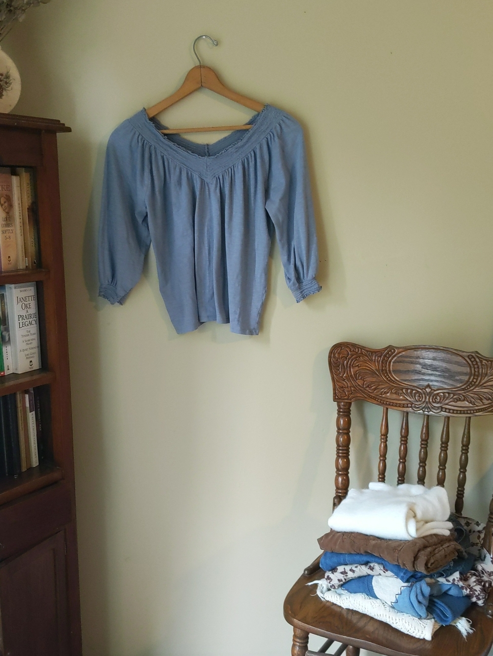 Light Blue Smocked V-Neck Peasant Blouse